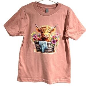 Highland cow shirt kids girly girl xs 4 5 yrs old pink cotton NEW